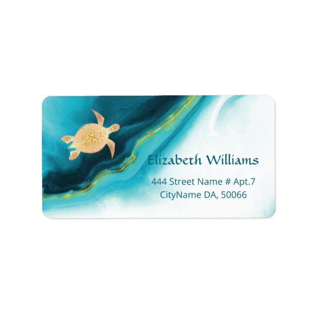 Gold Turtles Turquoise Watercolor Ink Coastal  Label (Front)