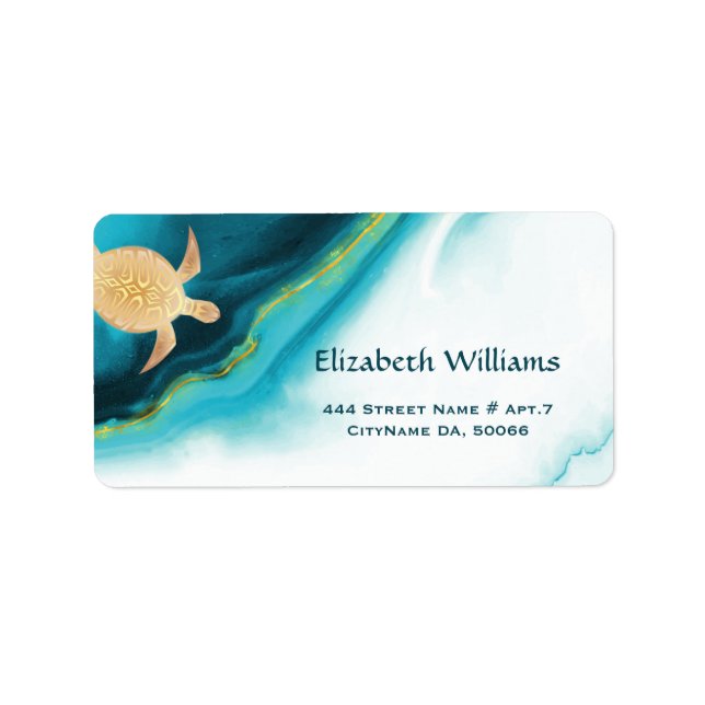 Gold Turtles Turquoise Watercolor Ink Coastal  Label (Front)