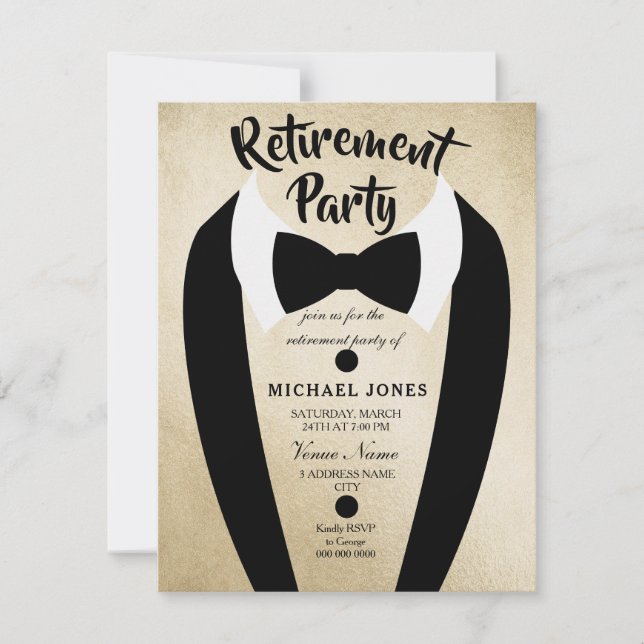 Gold Tuxedo Bow Tie Retirement Party Invite (Front)
