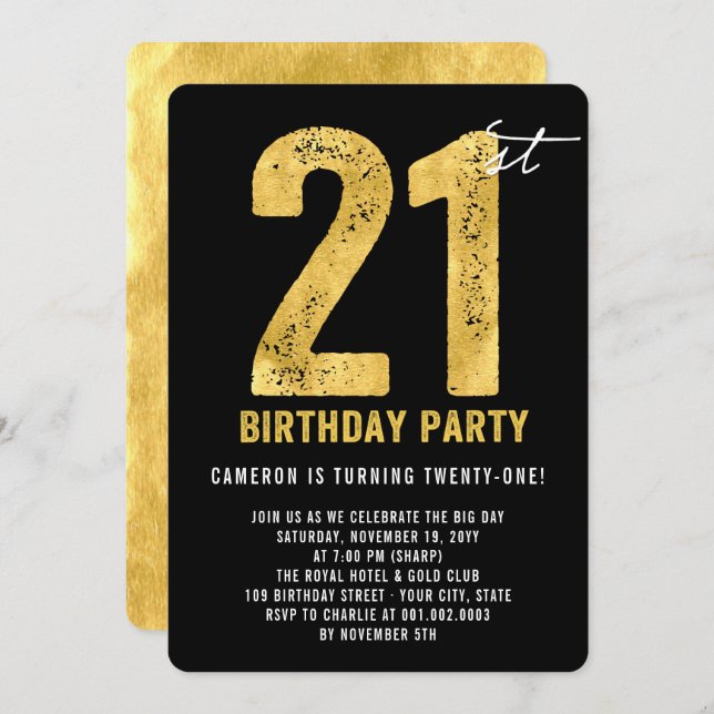 Gold Twenty One Modern 21st Birthday Party Invite (Front/Back)