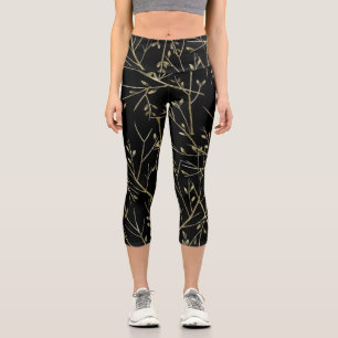 Gold Twigs on Black Capri Leggings