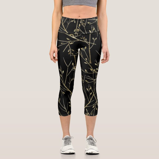Gold Twigs on Black Capri Leggings (Front)
