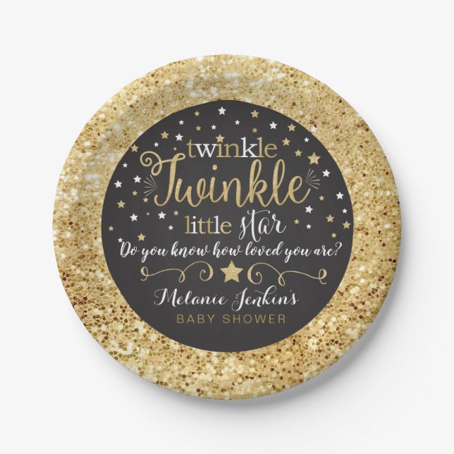 Gold Twinkle Little Star Paper Plates Baby Shower (Front)