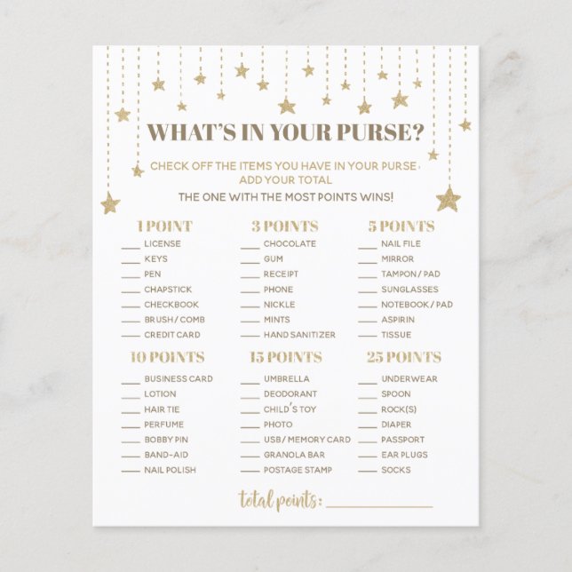 Gold Twinkle Star Baby Shower What's In Your Purse (Front)