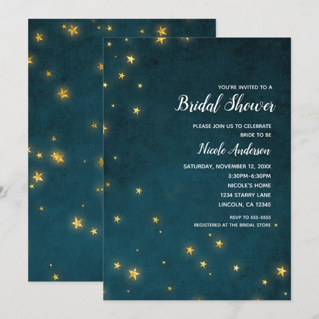 Gold Twinkle Stars Celestial Sky Bridal Shower Invitation (Front/Back)