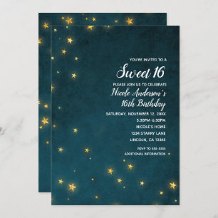 Gold Twinkle Stars Celestial Sky Sweet 16 Party Invitation