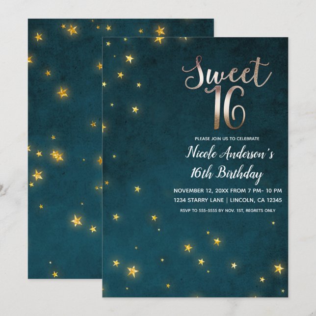 Gold Twinkle Stars Celestial Sky Sweet 16 Party Invitation (Front/Back)