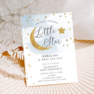 Gold Twinkle Stars, ONEderful Blue First Birthday  Invitation