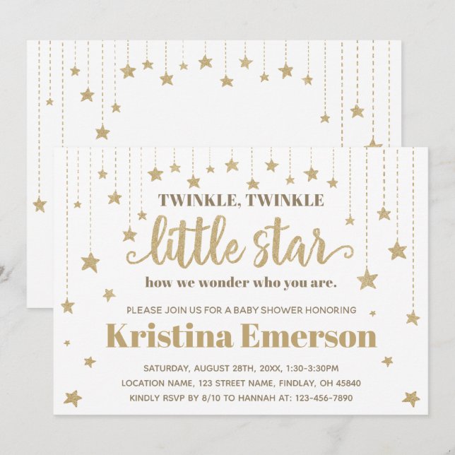 Gold Twinkle Twinkle Little Star Baby Shower Invitation (Front/Back)