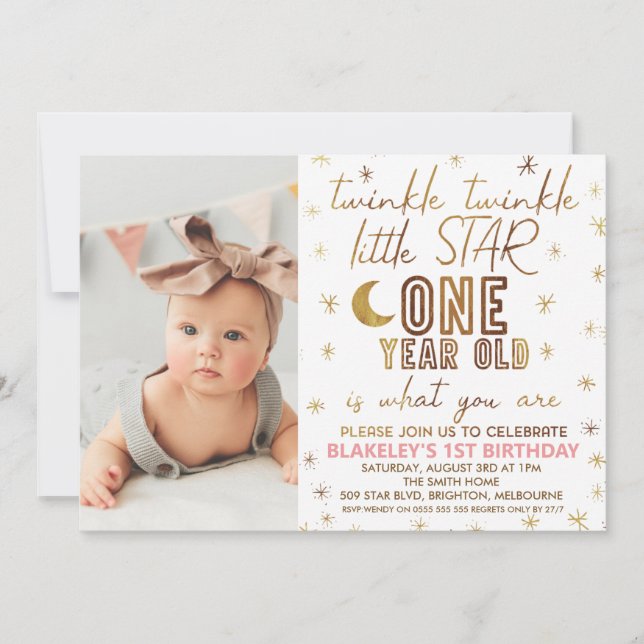 Gold Twinkle Twinkle Little Star Photo Birthday Invitation (Front)