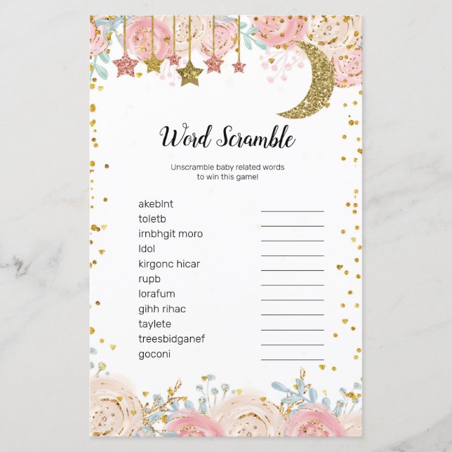 Gold twinkle twinkle Watercolor Word Scramble Game (Front)