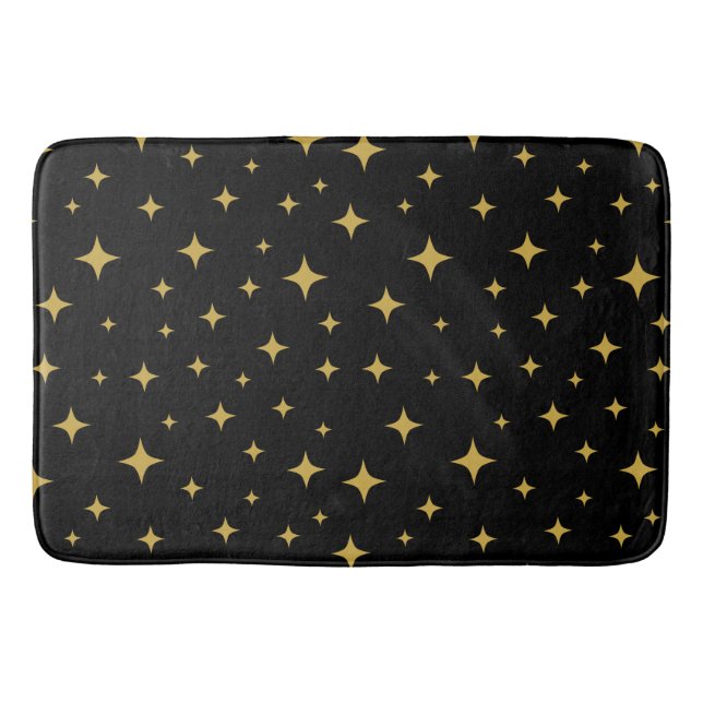 Gold twinkling stars black bath mat (Front)