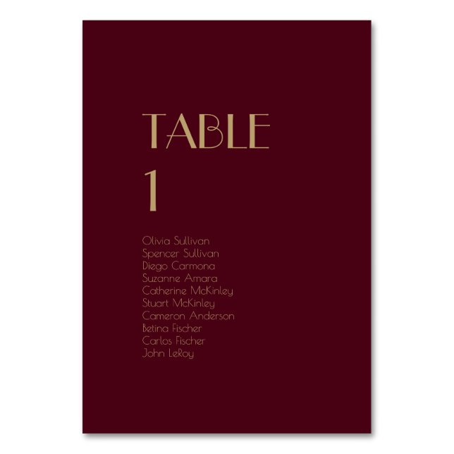 Gold Type Deco | Burgundy Table Number Guests (Front)
