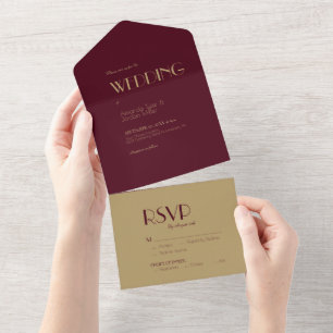 Gold Type Deco   Burgundy Wedding All In One Invitation