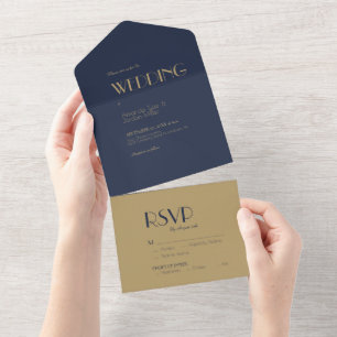 Gold Type Deco   Dark Navy Wedding All In One Invitation
