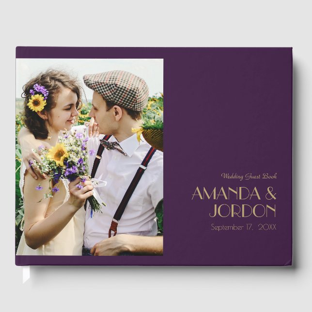 Gold Type Deco | Dark Purple Photo Guest Book (Front)