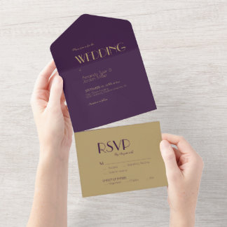 Gold Type Deco | Dark Purple Wedding All In One Invitation