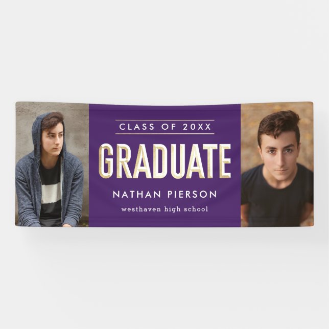 Gold Type Purple Two Photo Graduation Banner (Horizontal)