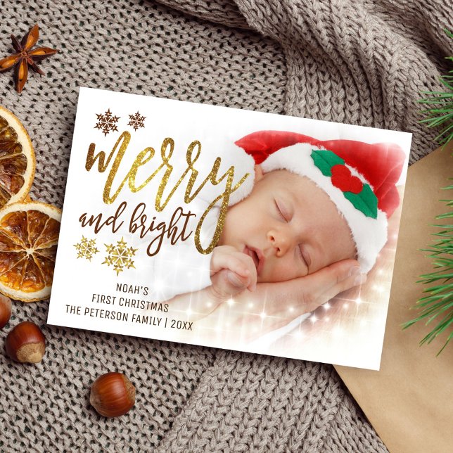 Gold Typography | Baby's First Christmas Photo Holiday Card (Creator Uploaded)