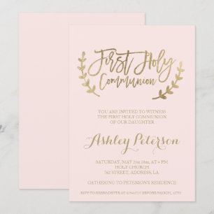 Gold typography blush pink First Holy Communion Invitation