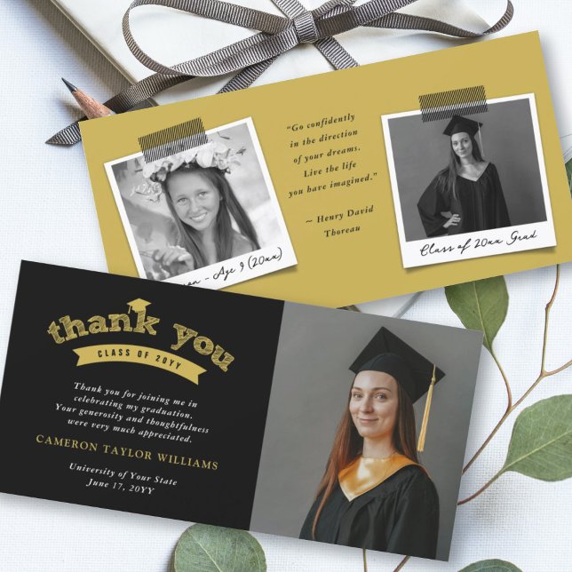 Gold Typography Bold Sketch Graduation Cap Photo Thank You Card (Creator Uploaded)