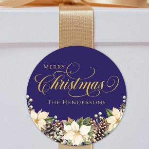 Gold Typography Christmas Poinsettia blue Classic Round Sticker
