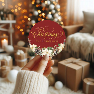 Gold Typography Christmas Poinsettia red Classic Round Sticker