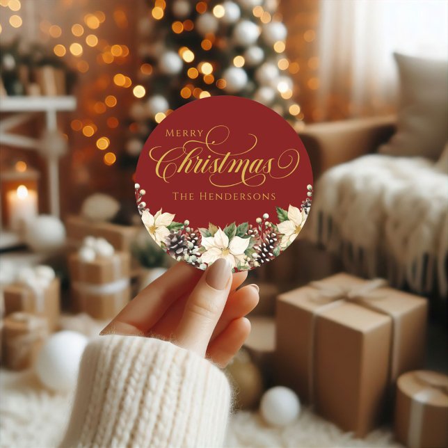 Gold Typography Christmas Poinsettia red   Classic Round Sticker (Creator Uploaded)