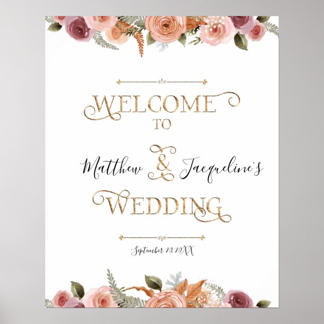 Gold Typography Dusty Blush Floral Welcome Wedding Poster (Front)
