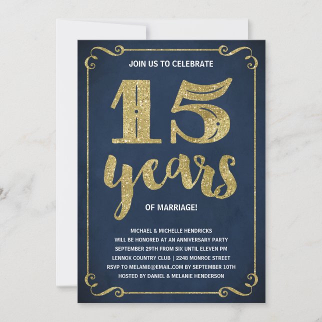 Gold Typography | Faux Foil 15th Anniversary Invitation (Front)