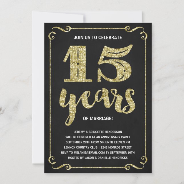 Gold Typography | Faux Foil 15th Anniversary Invitation (Front)