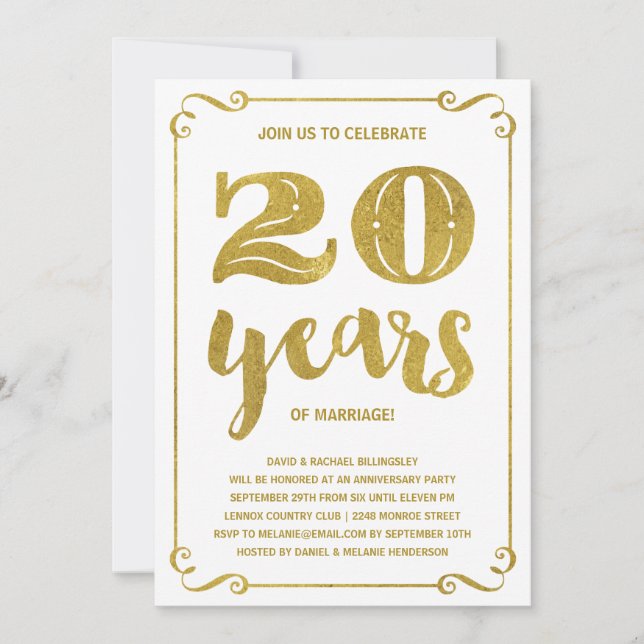 Gold Typography | Faux Foil 20th Anniversary Invitation (Front)