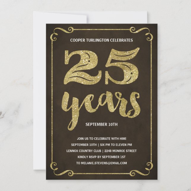 Gold Typography | Faux Foil 25th Birthday Party Invitation (Front)