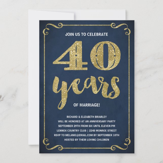 Gold Typography | Faux Foil 40th Anniversary Invitation (Front)