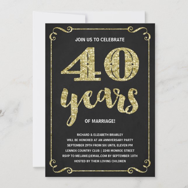 Gold Typography | Faux Foil 40th Anniversary Invitation (Front)