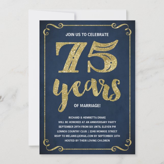 Gold Typography | Faux Foil 75th Anniversary Invitation (Front)