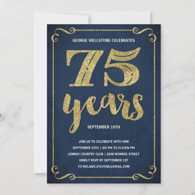 Gold Typography | Faux Foil 75th Birthday Party Invitation (Front)