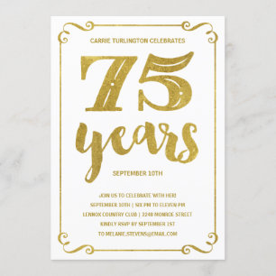 Gold Typography Faux Foil 75th Birthday Party Invitation