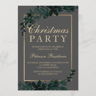 Gold typography Floral grey leaf Christmas Invitation
