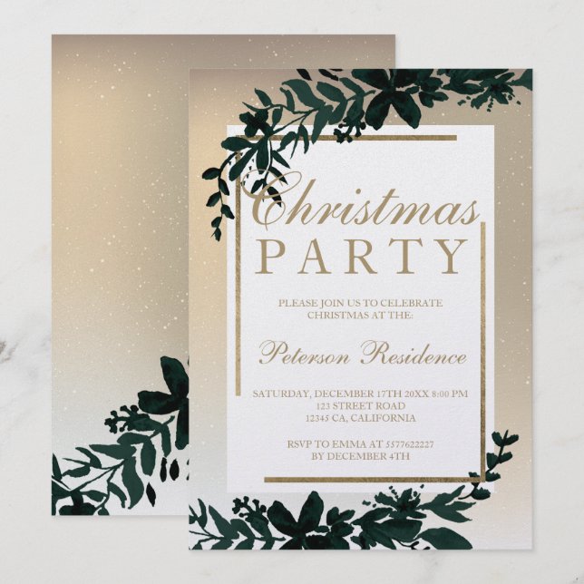 Gold typography Floral snow frame leaf Christmas Invitation (Front/Back)