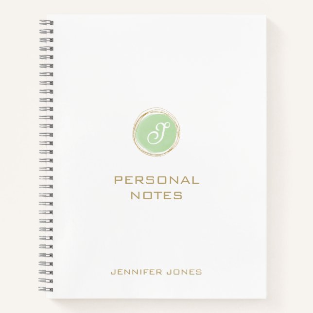 Gold Typography Green Watercolor Monogram Name Notebook (Front)