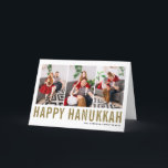 Gold Typography Happy Hanukkah Photo Collage Holiday Card<br><div class="desc">Happy Hanukkah! Customisable Happy Hanukkah photo collage card featuring gold simple typography and snow pattern. Personalise by adding three photos,  names,  year and other details. This modern Hanukkah card is available in other colours and cardstock.</div>