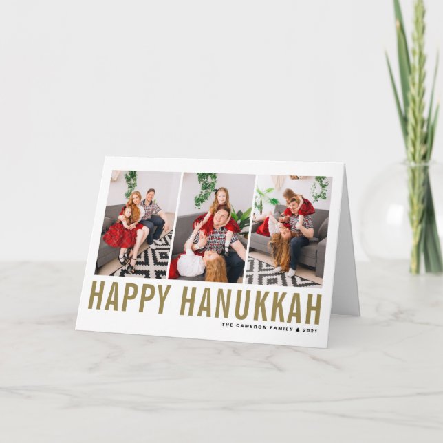 Gold Typography Happy Hanukkah Photo Collage Holiday Card (Front)