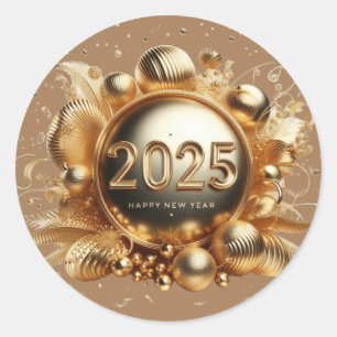 Gold typography happy new year 2025 classic round sticker