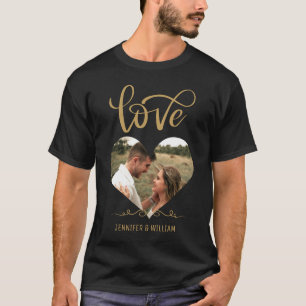 Gold Typography Heart Shape Photo Black Valentine T-Shirt