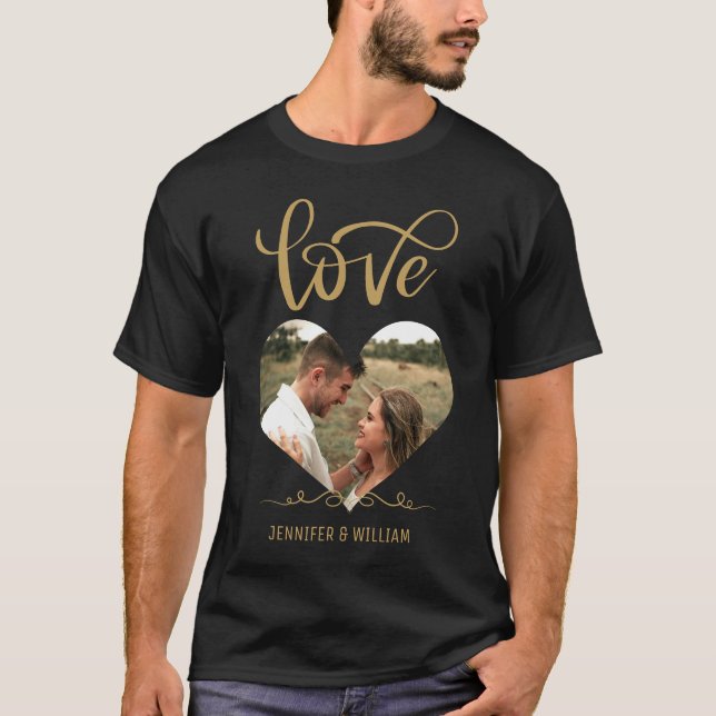 Gold Typography Heart Shape Photo Black Valentine  T-Shirt (Front)