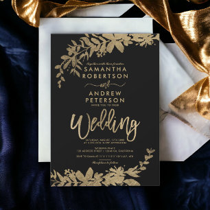 Gold typography leaf floral black chic wedding invitation
