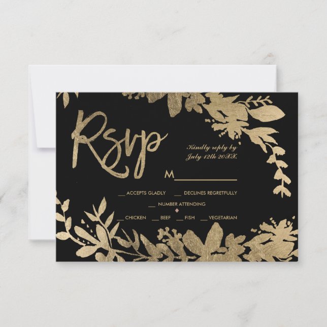 Gold typography leaf floral black rsvp wedding (Front)