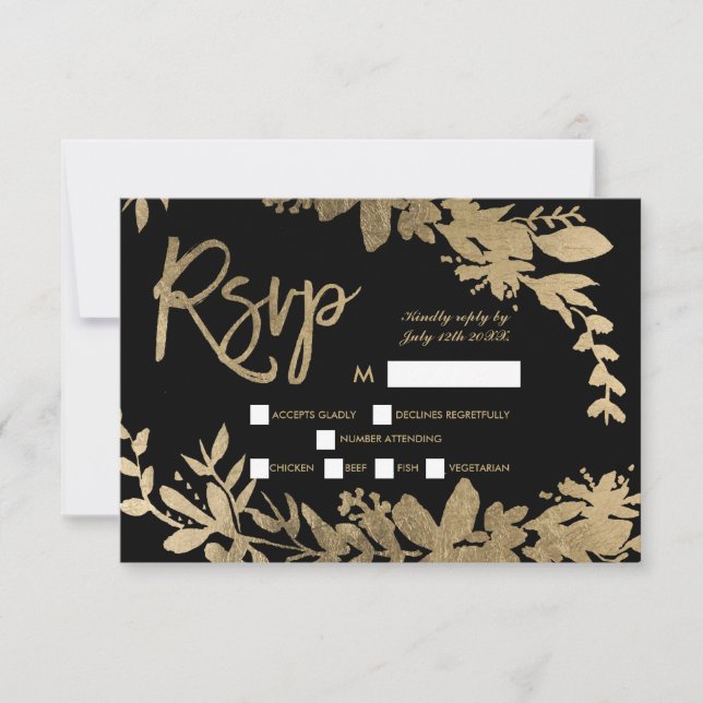 Gold typography leaf floral black rsvp wedding 2 card (Front)