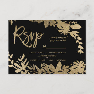 Gold typography leaf floral black rsvp wedding card